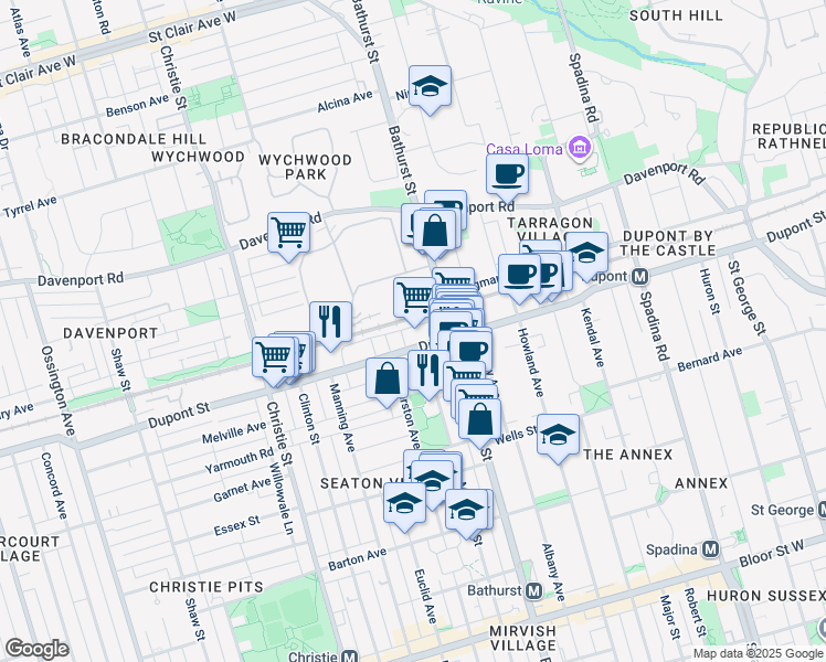 map of restaurants, bars, coffee shops, grocery stores, and more near 500 Dupont Street in Toronto