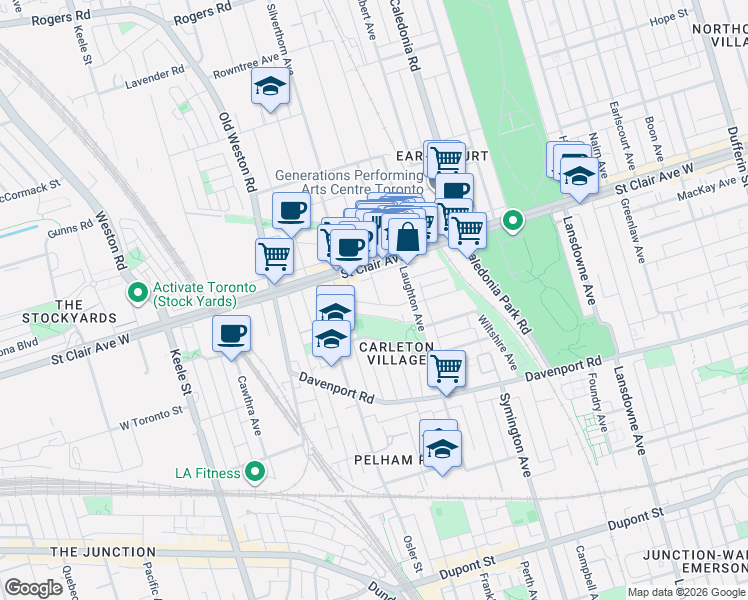 map of restaurants, bars, coffee shops, grocery stores, and more near in Toronto