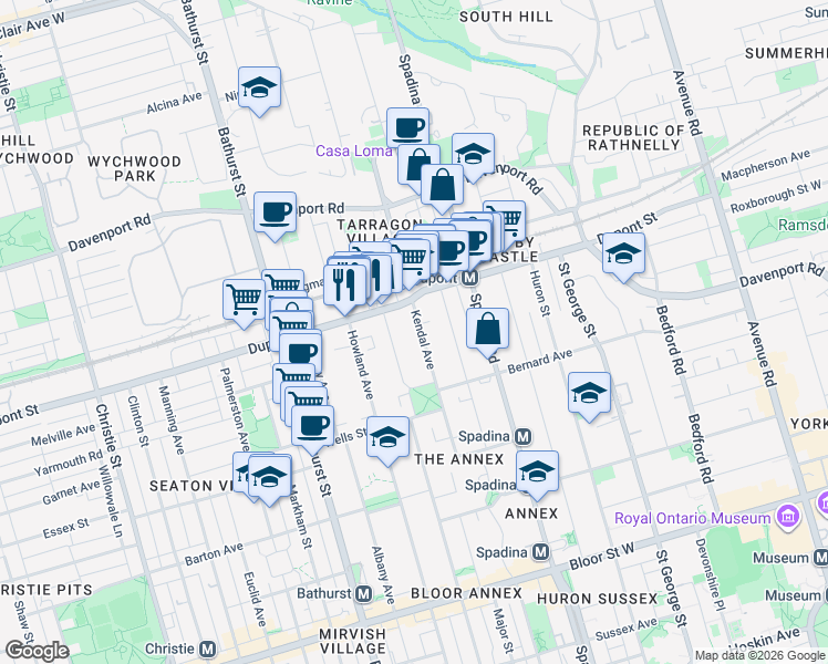 map of restaurants, bars, coffee shops, grocery stores, and more near 98 Kendal Avenue in Toronto