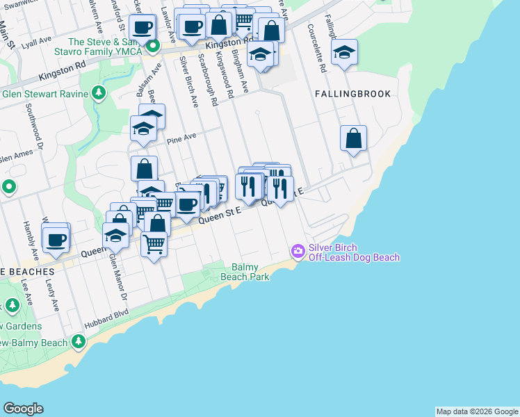 map of restaurants, bars, coffee shops, grocery stores, and more near 2461 Queen Street East in Toronto