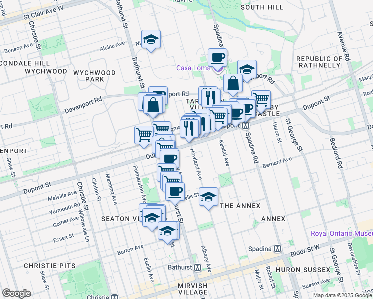 map of restaurants, bars, coffee shops, grocery stores, and more near 399 Dupont Street in Toronto