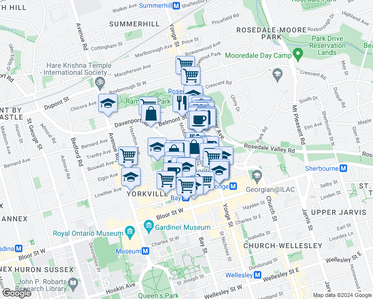 map of restaurants, bars, coffee shops, grocery stores, and more near in Toronto