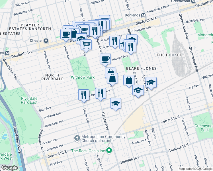 map of restaurants, bars, coffee shops, grocery stores, and more near 27 Dingwall Avenue in Toronto