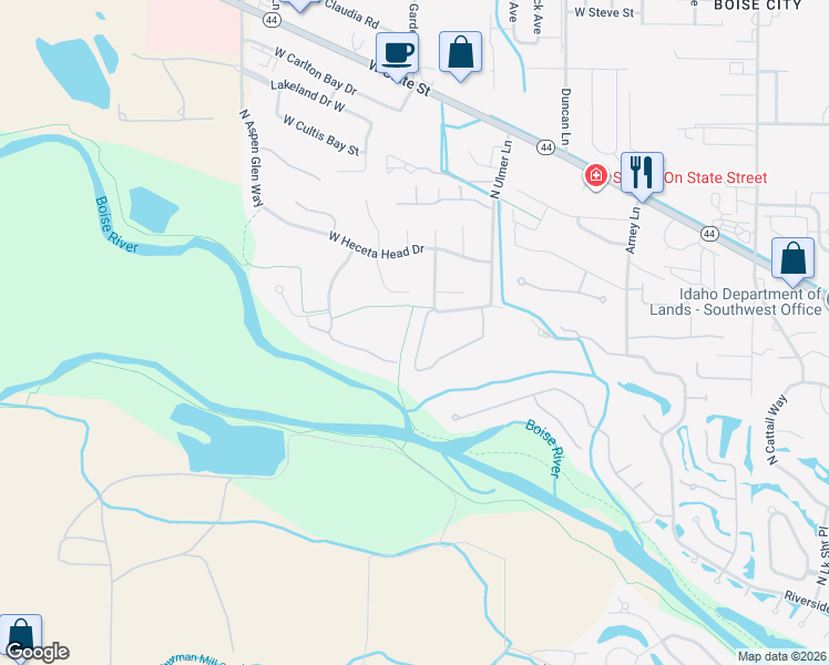 map of restaurants, bars, coffee shops, grocery stores, and more near 5915 North Duxbury Pier Lane in Garden City