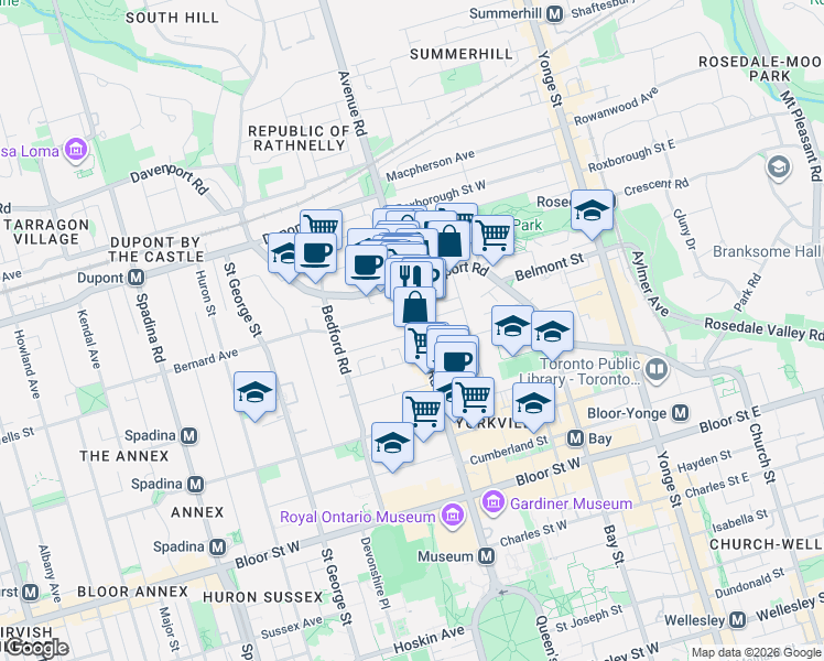 map of restaurants, bars, coffee shops, grocery stores, and more near 110 Avenue Road in Toronto