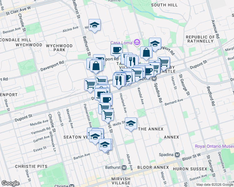 map of restaurants, bars, coffee shops, grocery stores, and more near 399 Dupont Street in Toronto