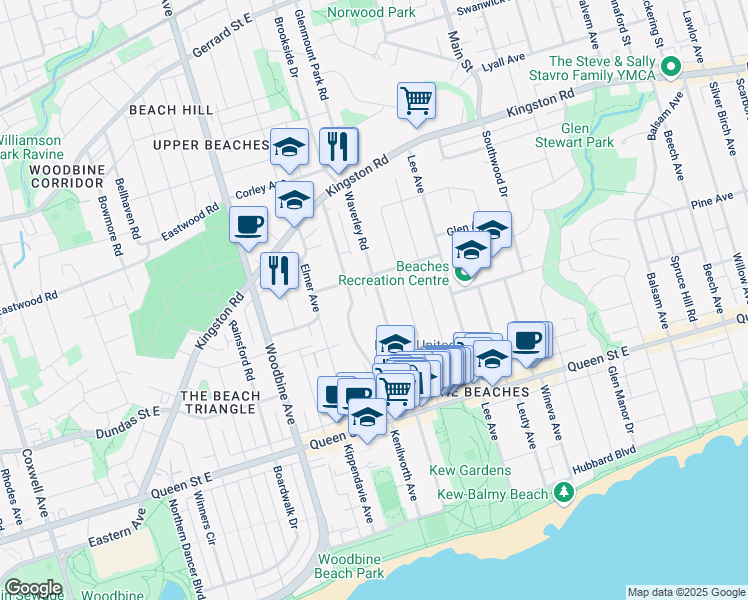 map of restaurants, bars, coffee shops, grocery stores, and more near 212 Waverley Road in Toronto