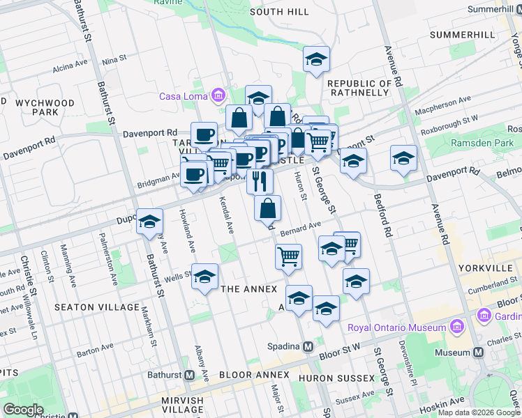 map of restaurants, bars, coffee shops, grocery stores, and more near 142 Spadina Road in Toronto
