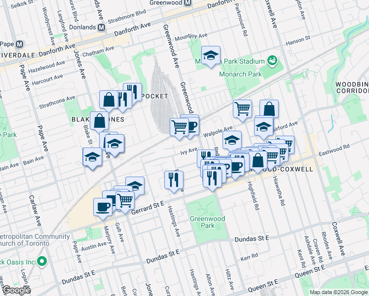 map of restaurants, bars, coffee shops, grocery stores, and more near 118 Ivy Avenue in Toronto
