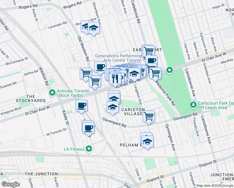 map of restaurants, bars, coffee shops, grocery stores, and more near 83 Hounslow Heath Road in Toronto