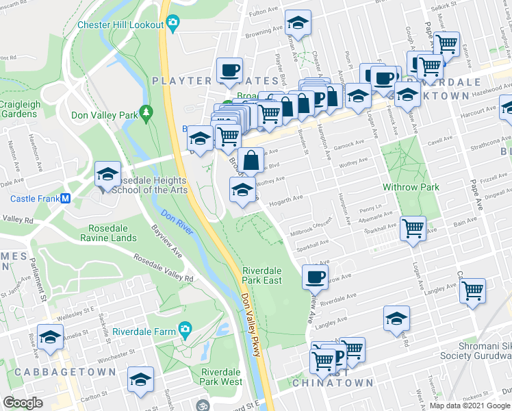 map of restaurants, bars, coffee shops, grocery stores, and more near 646 Broadview Avenue in Toronto