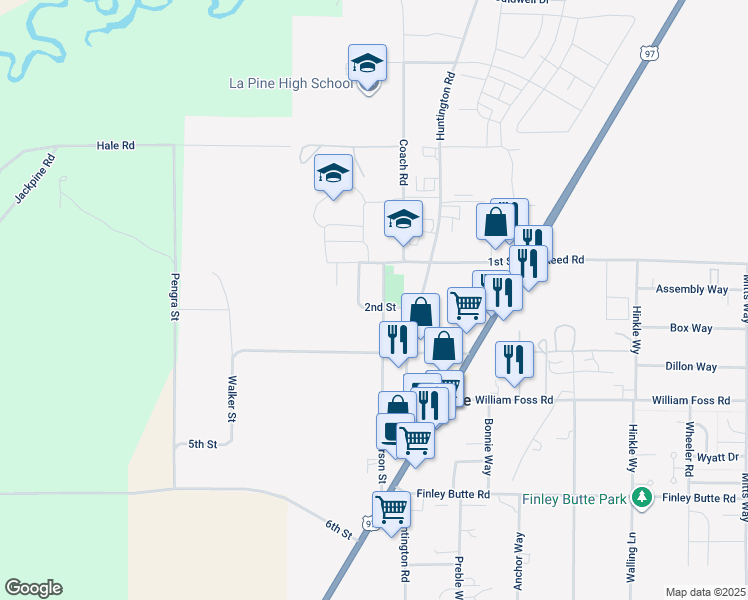 map of restaurants, bars, coffee shops, grocery stores, and more near 51587 Stillwell in La Pine