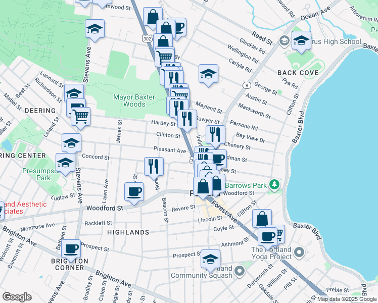 map of restaurants, bars, coffee shops, grocery stores, and more near 745 Forest Avenue in Portland