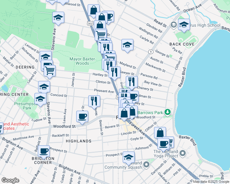 map of restaurants, bars, coffee shops, grocery stores, and more near 745 Forest Avenue in Portland