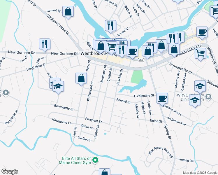 map of restaurants, bars, coffee shops, grocery stores, and more near 12 Butler Court in Westbrook