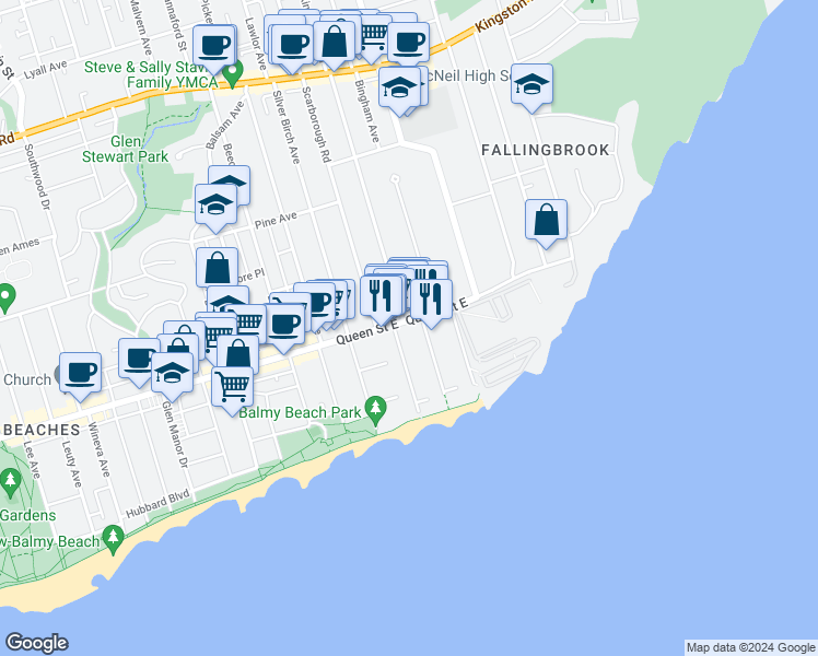 map of restaurants, bars, coffee shops, grocery stores, and more near in Toronto