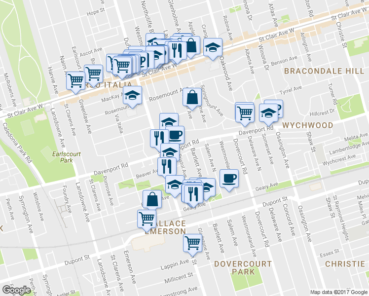 map of restaurants, bars, coffee shops, grocery stores, and more near in Toronto