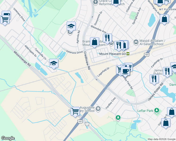 map of restaurants, bars, coffee shops, grocery stores, and more near 230 Lagerfeld Drive in Brampton