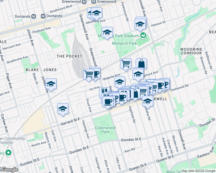 map of restaurants, bars, coffee shops, grocery stores, and more near 76 Redwood Avenue in Toronto