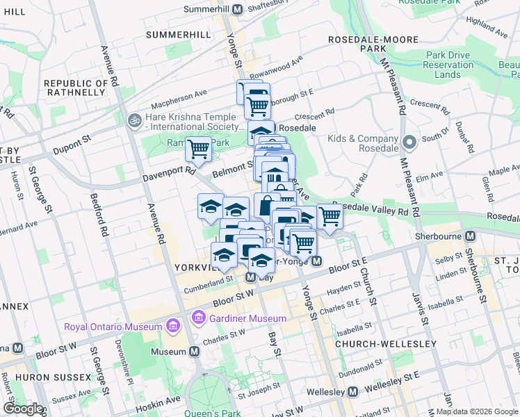 map of restaurants, bars, coffee shops, grocery stores, and more near 17 McMurrich Street in Toronto