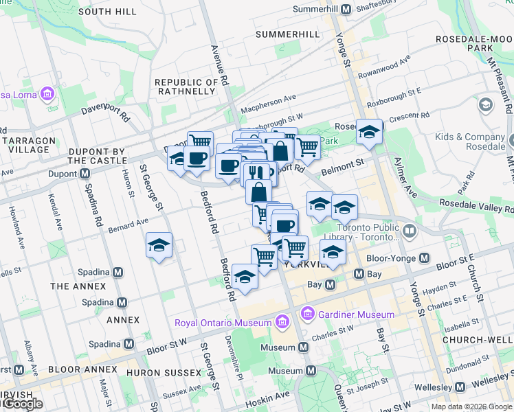 map of restaurants, bars, coffee shops, grocery stores, and more near in Toronto