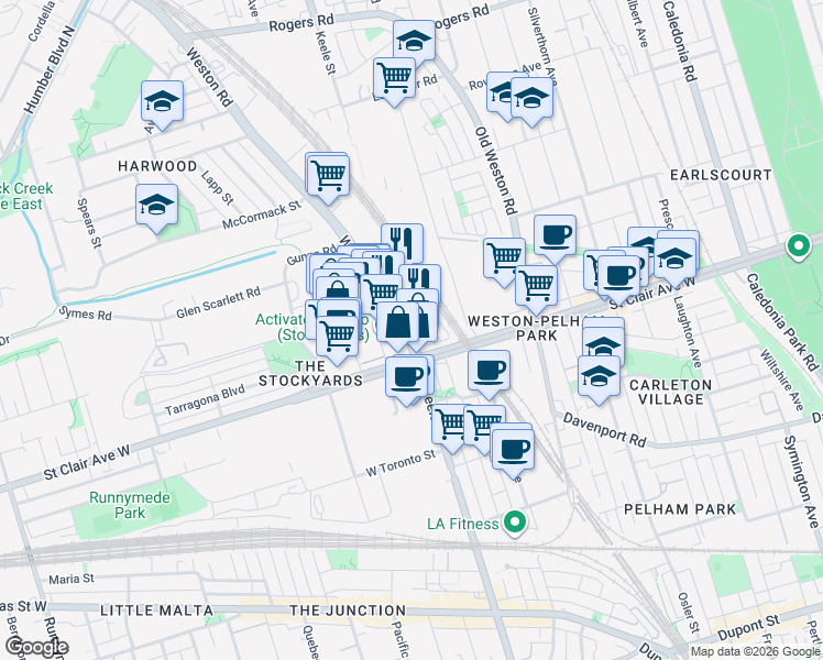 map of restaurants, bars, coffee shops, grocery stores, and more near 29 Weston Road in Toronto