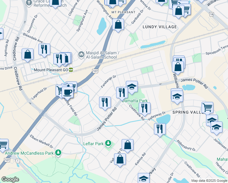 map of restaurants, bars, coffee shops, grocery stores, and more near 22 Georgian Road in Brampton