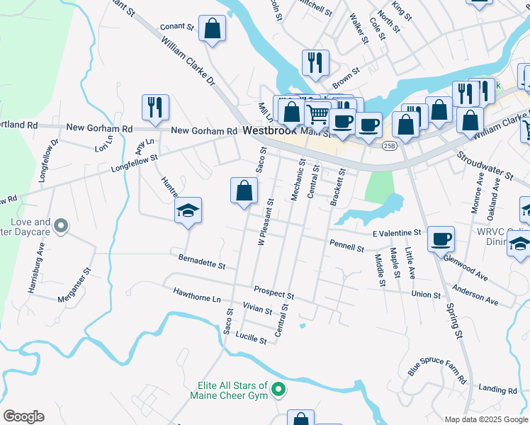 map of restaurants, bars, coffee shops, grocery stores, and more near 209 West Valentine Street in Westbrook