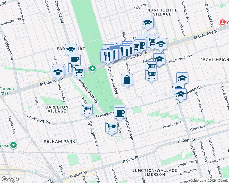 map of restaurants, bars, coffee shops, grocery stores, and more near 1224 Lansdowne Avenue in Toronto