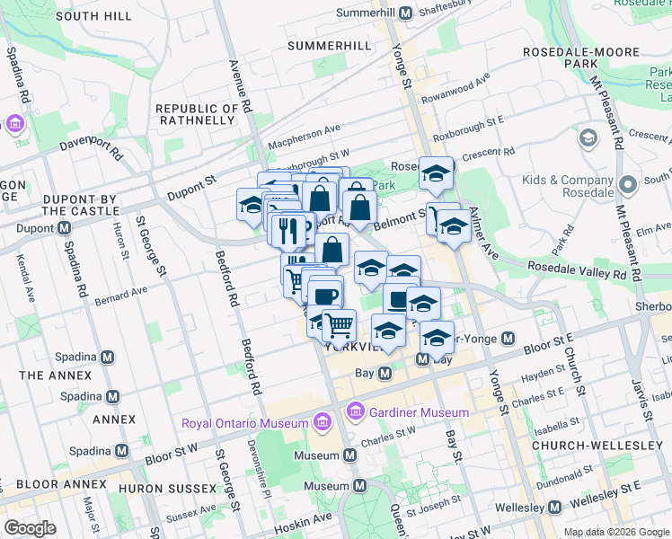 map of restaurants, bars, coffee shops, grocery stores, and more near 87 Hazelton Avenue in Toronto