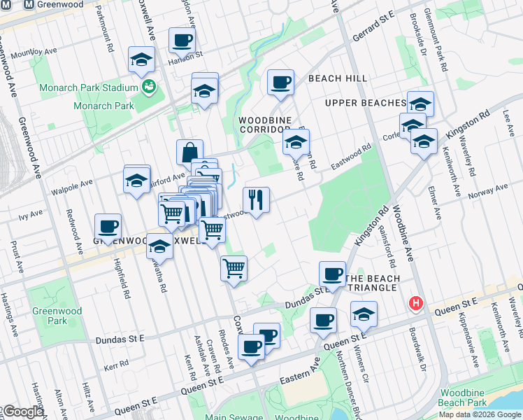 map of restaurants, bars, coffee shops, grocery stores, and more near in Toronto