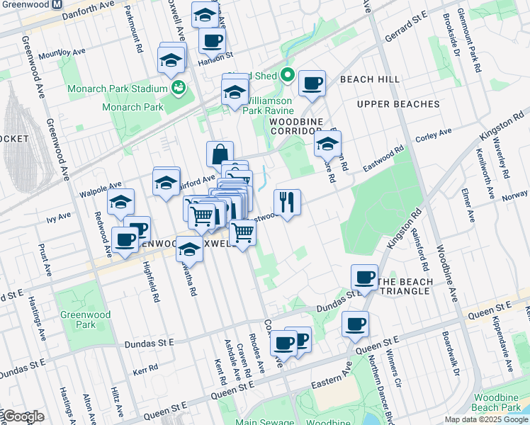 map of restaurants, bars, coffee shops, grocery stores, and more near 38 Eastwood Road in Toronto