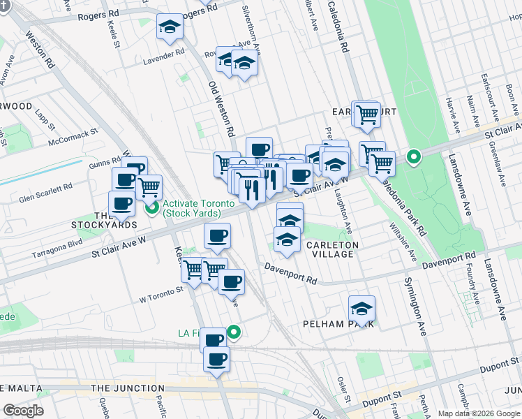 map of restaurants, bars, coffee shops, grocery stores, and more near in Toronto
