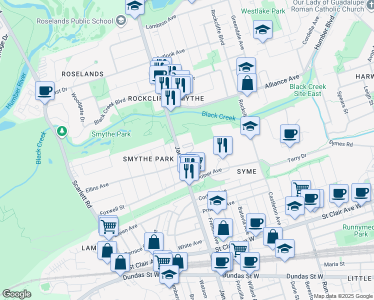 map of restaurants, bars, coffee shops, grocery stores, and more near 787 Jane Street in Toronto