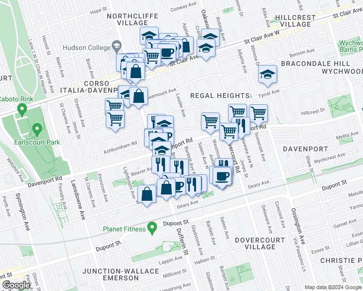 map of restaurants, bars, coffee shops, grocery stores, and more near 1315 Davenport Road in Toronto