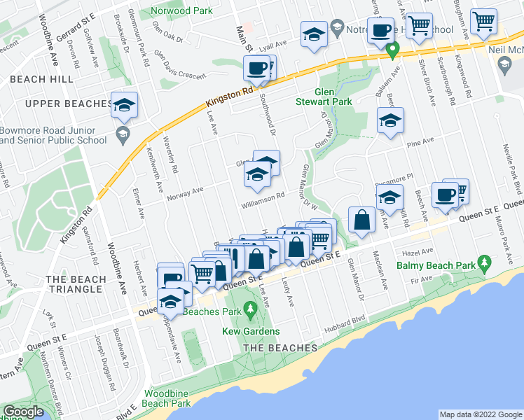 map of restaurants, bars, coffee shops, grocery stores, and more near 59 Hambly Avenue in Toronto