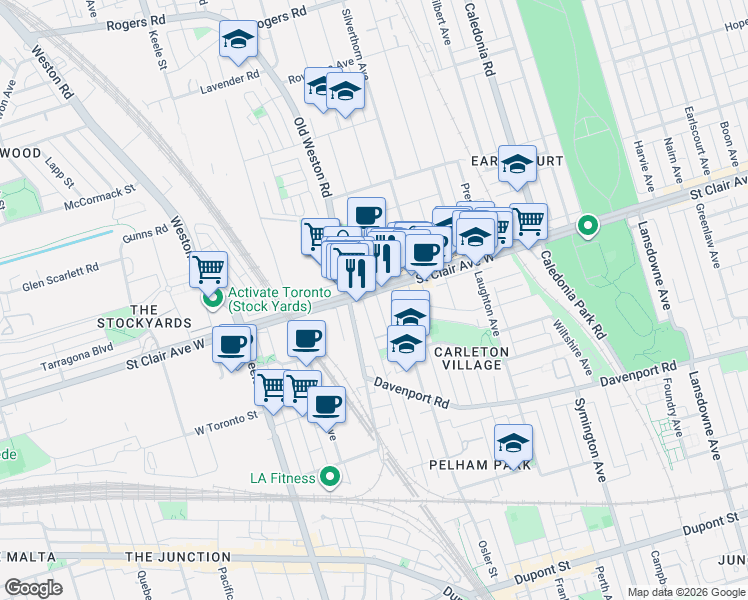 map of restaurants, bars, coffee shops, grocery stores, and more near 1787 Saint Clair Avenue West in Toronto