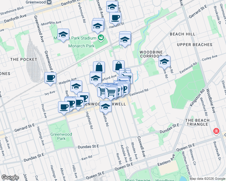 map of restaurants, bars, coffee shops, grocery stores, and more near 300 Rhodes Avenue in Toronto