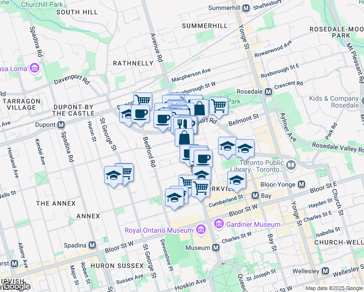 map of restaurants, bars, coffee shops, grocery stores, and more near in Toronto