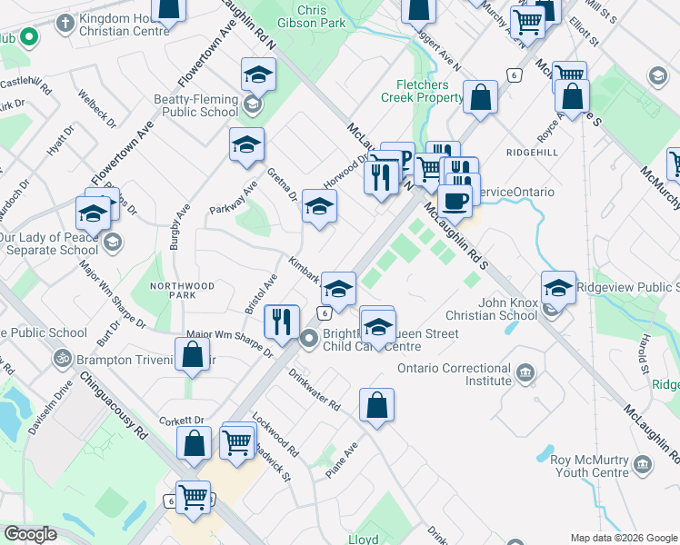 map of restaurants, bars, coffee shops, grocery stores, and more near 86 Kingsmere Crescent in Brampton