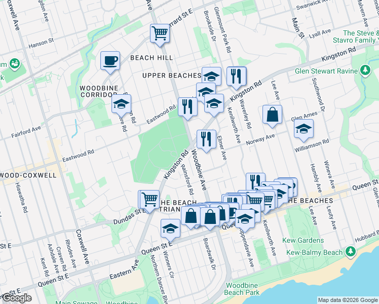 map of restaurants, bars, coffee shops, grocery stores, and more near in Toronto
