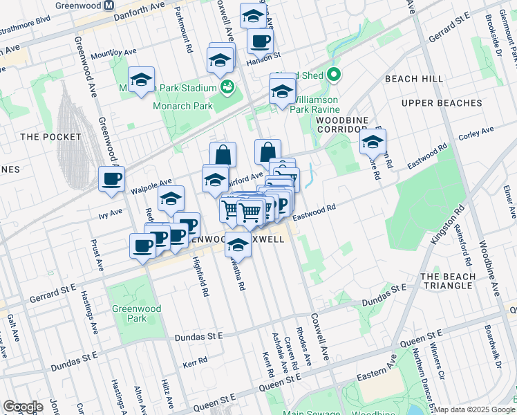map of restaurants, bars, coffee shops, grocery stores, and more near in Toronto