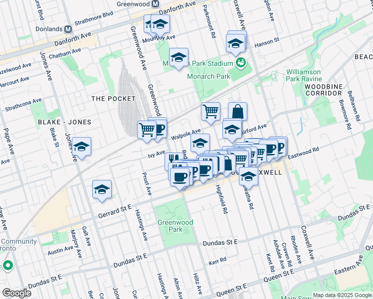 map of restaurants, bars, coffee shops, grocery stores, and more near 101 Redwood Avenue in Toronto