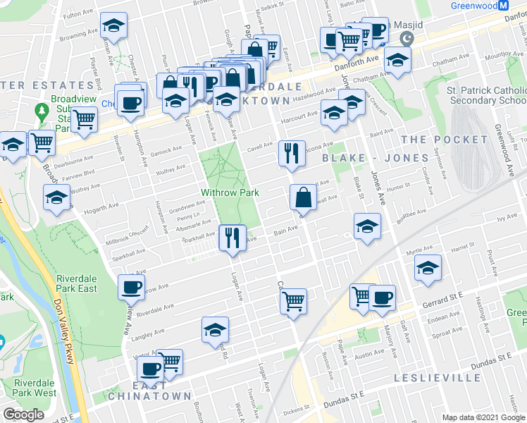 map of restaurants, bars, coffee shops, grocery stores, and more near in Toronto