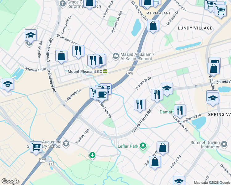 map of restaurants, bars, coffee shops, grocery stores, and more near 48 Kilrea Way in Brampton