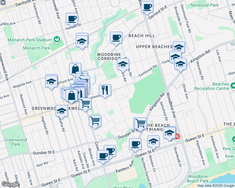 map of restaurants, bars, coffee shops, grocery stores, and more near 117 Edgewood Avenue in Toronto