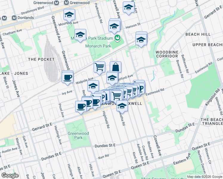 map of restaurants, bars, coffee shops, grocery stores, and more near in Toronto