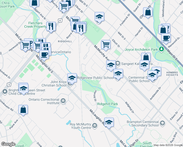 map of restaurants, bars, coffee shops, grocery stores, and more near 79 Corby Crescent in Brampton