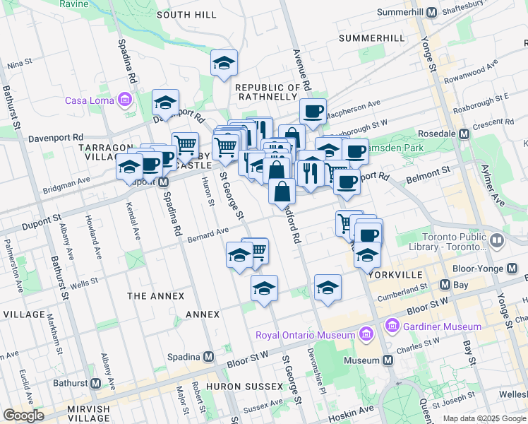 map of restaurants, bars, coffee shops, grocery stores, and more near 85 Admiral Road in Toronto