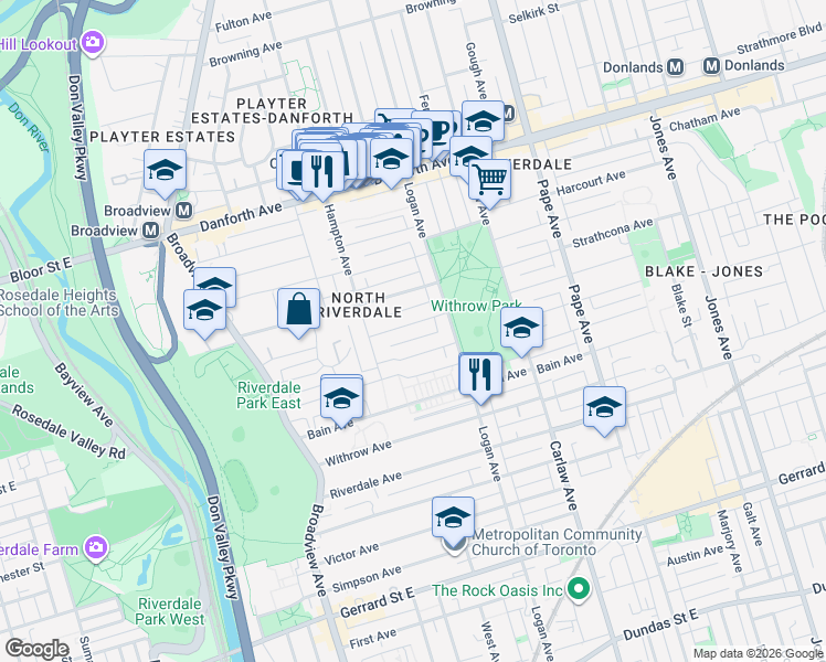 map of restaurants, bars, coffee shops, grocery stores, and more near 31 Grandview Avenue in Toronto